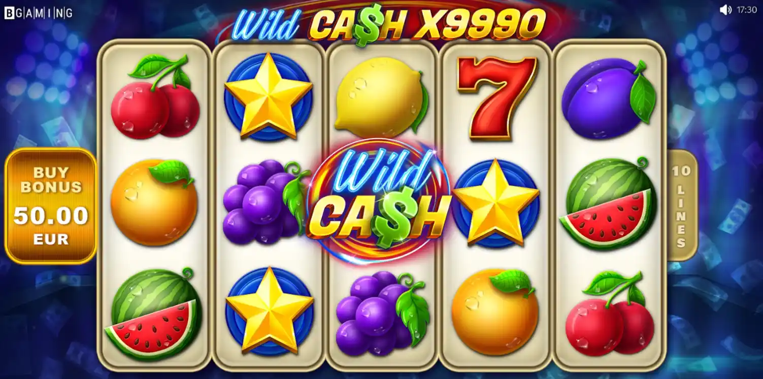 Wild Cash slot with bright neon lights and disco-themed symbols